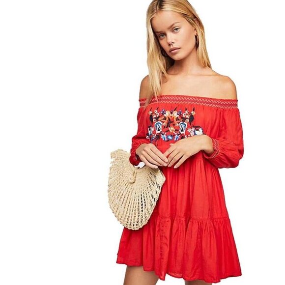 NEW! Free People Sunbeams Off the ShoulderDress Embroidered Boho Red SZ M - Picture 1 of 16